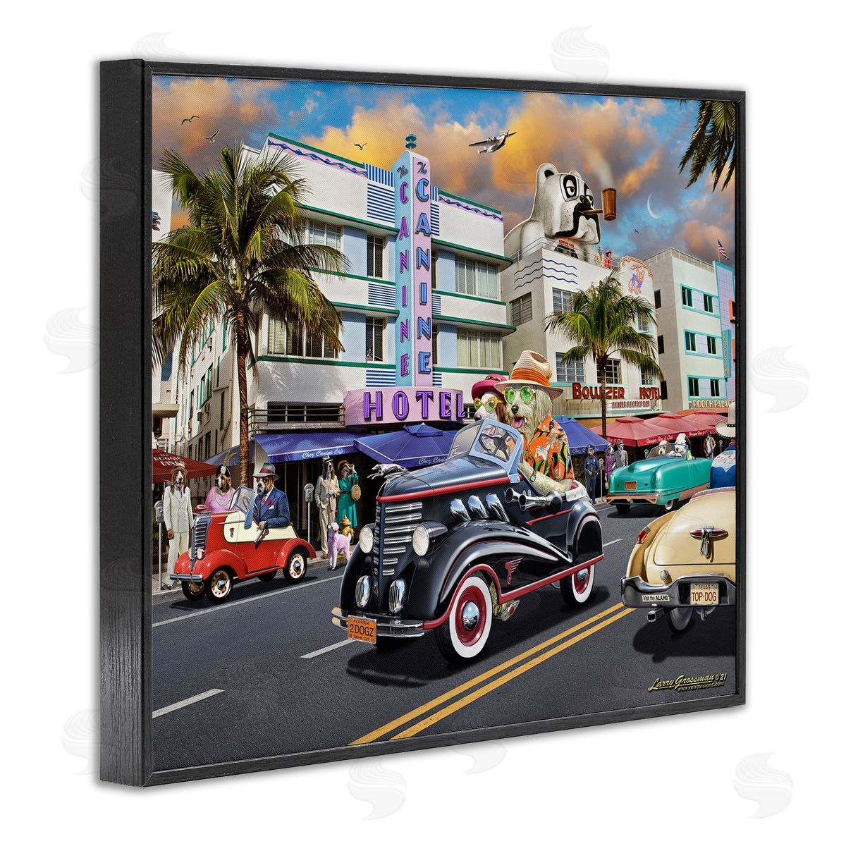 Larry Grossman Dog Days Miami Black Framed Giclee Wall Artside_