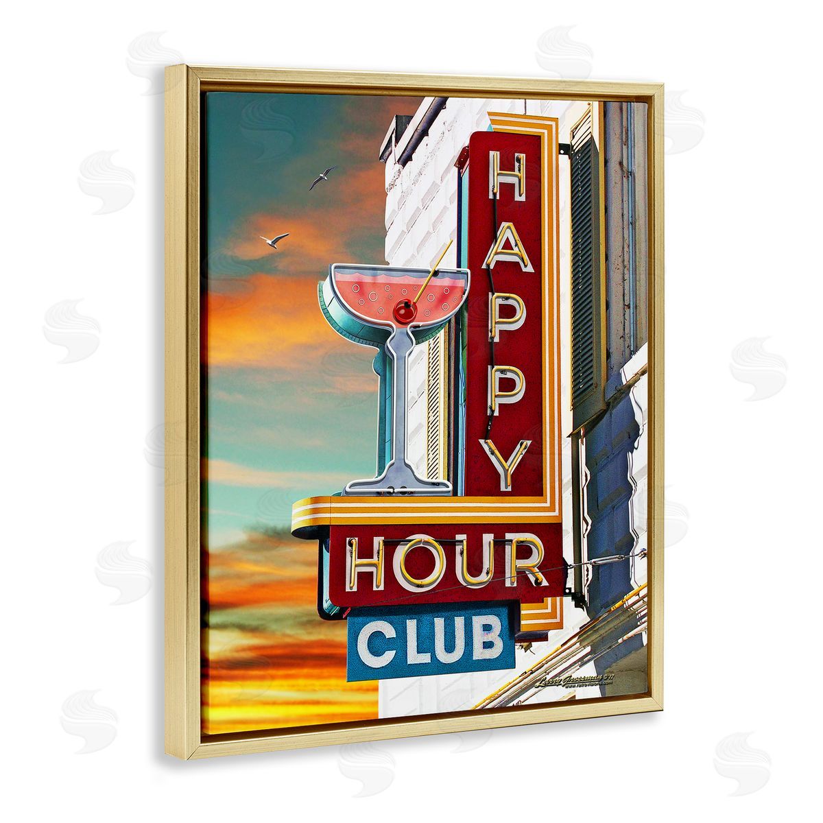 Larry Grossman Happy Hour Club Sign Gold Floater Frame Canvas Artside_