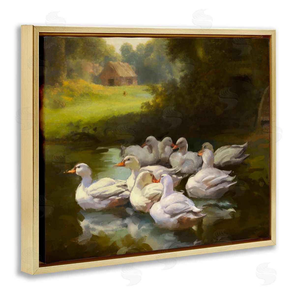 Ziwei Li Country Ducks in Pond Gold Floater Frame Canvas Artside_