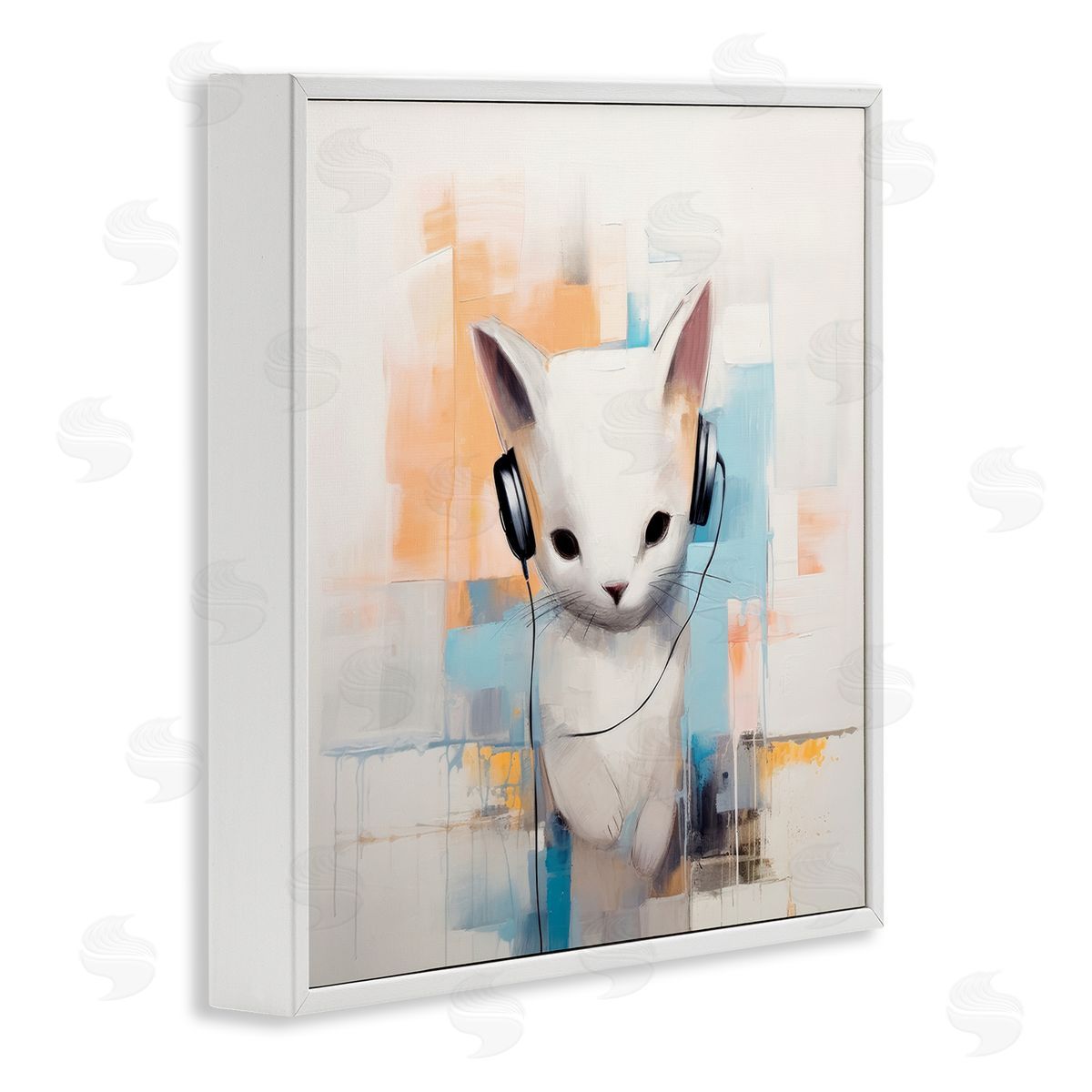 Irena Orlov Cat with Headphones Abstract White Framed Giclee Wall Artside_