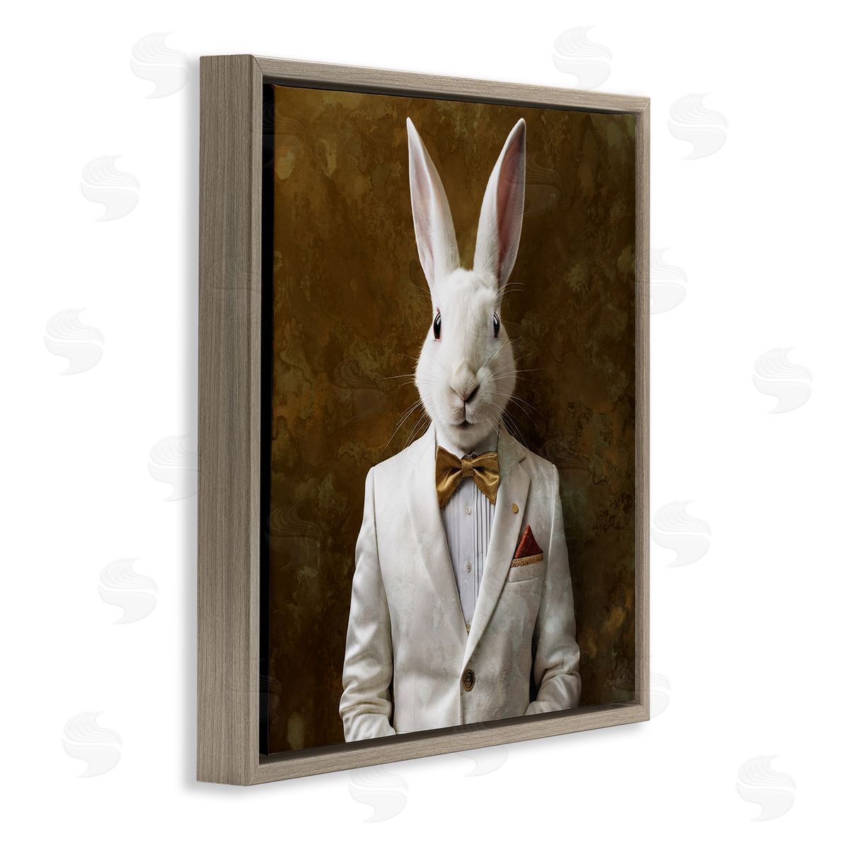 Roozbeh White Rabbit in Suit Brown Floater Frame Canvas Artside_