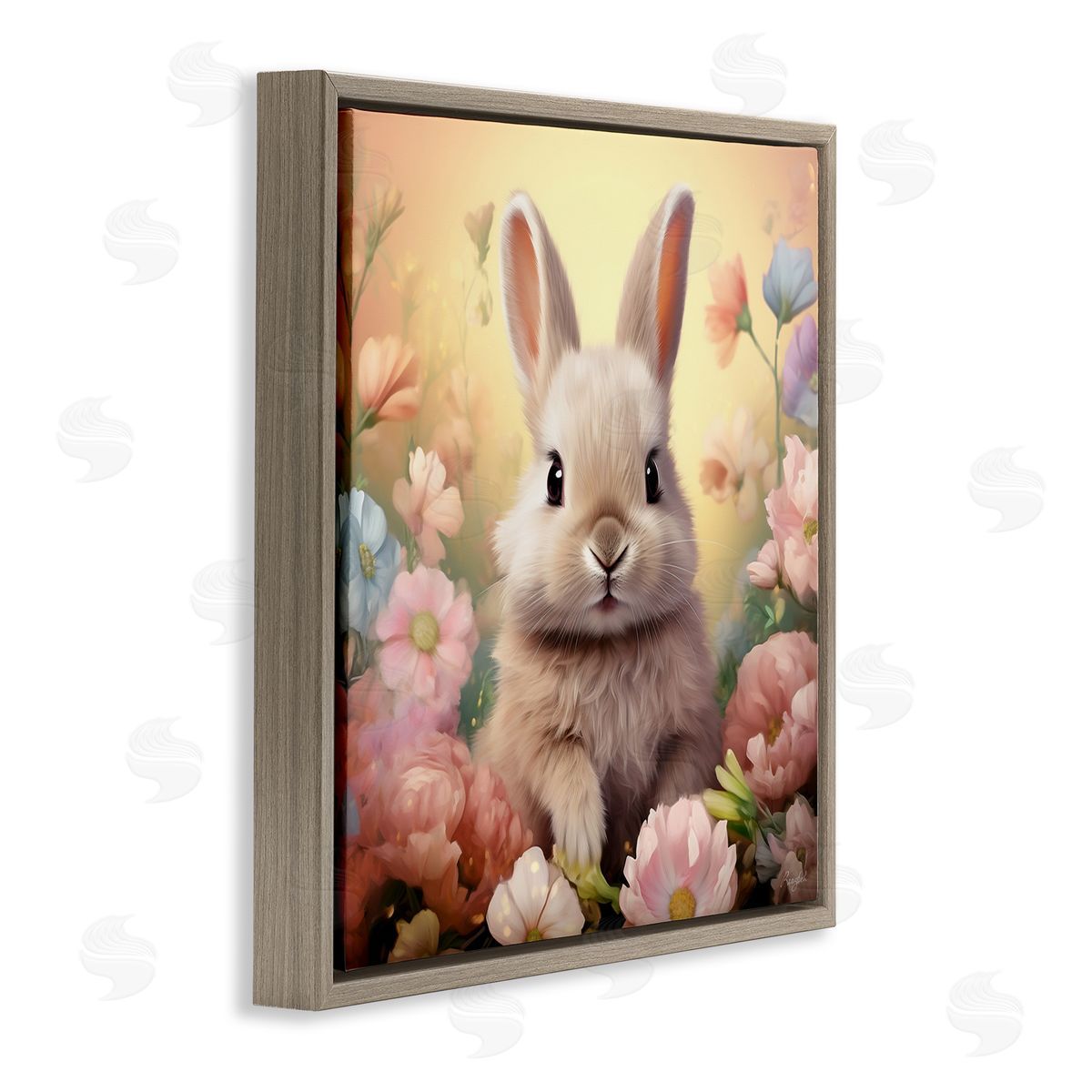 Bunny in Meadow Brown Floating Frame Canvas Wall Art, Home Decor by Roozbeh
