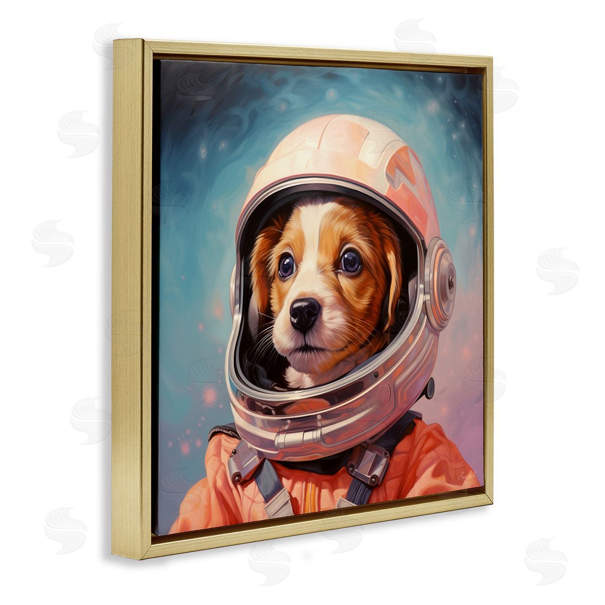 Roozbeh Astronaut Dog in Space Gold Floater Frame Canvas Artside_