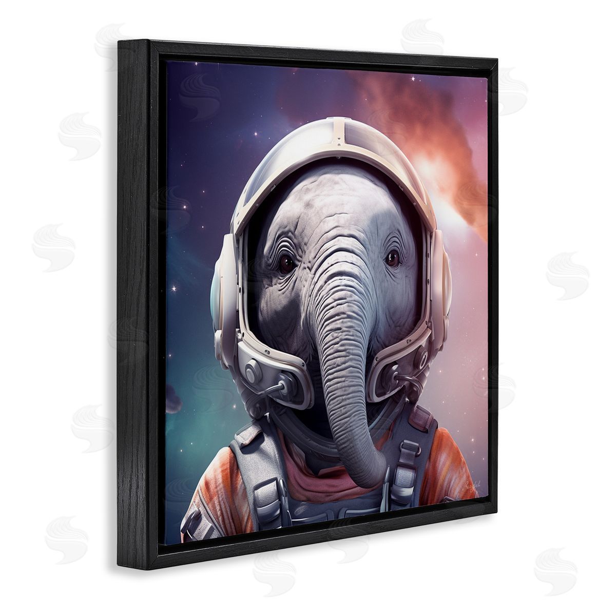 Astronaut Elephant Portrait Black Floating Frame Canvas Wall Art, Home Decor by Roozbeh