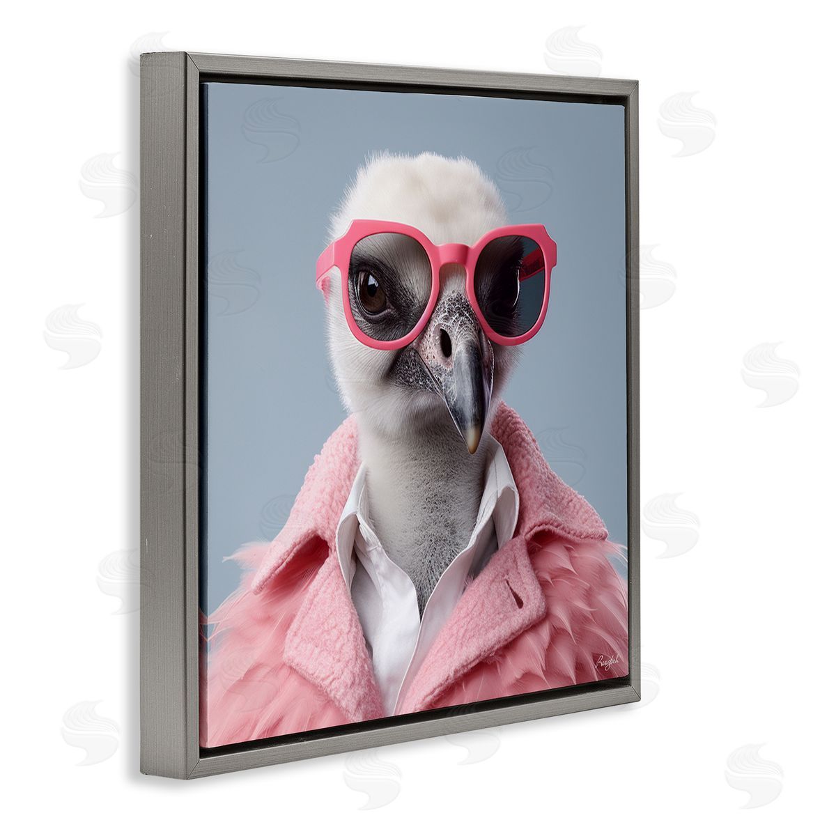 Roozbeh Trendy Ostrich in Pink Gray Floater Frame Canvas Artside_