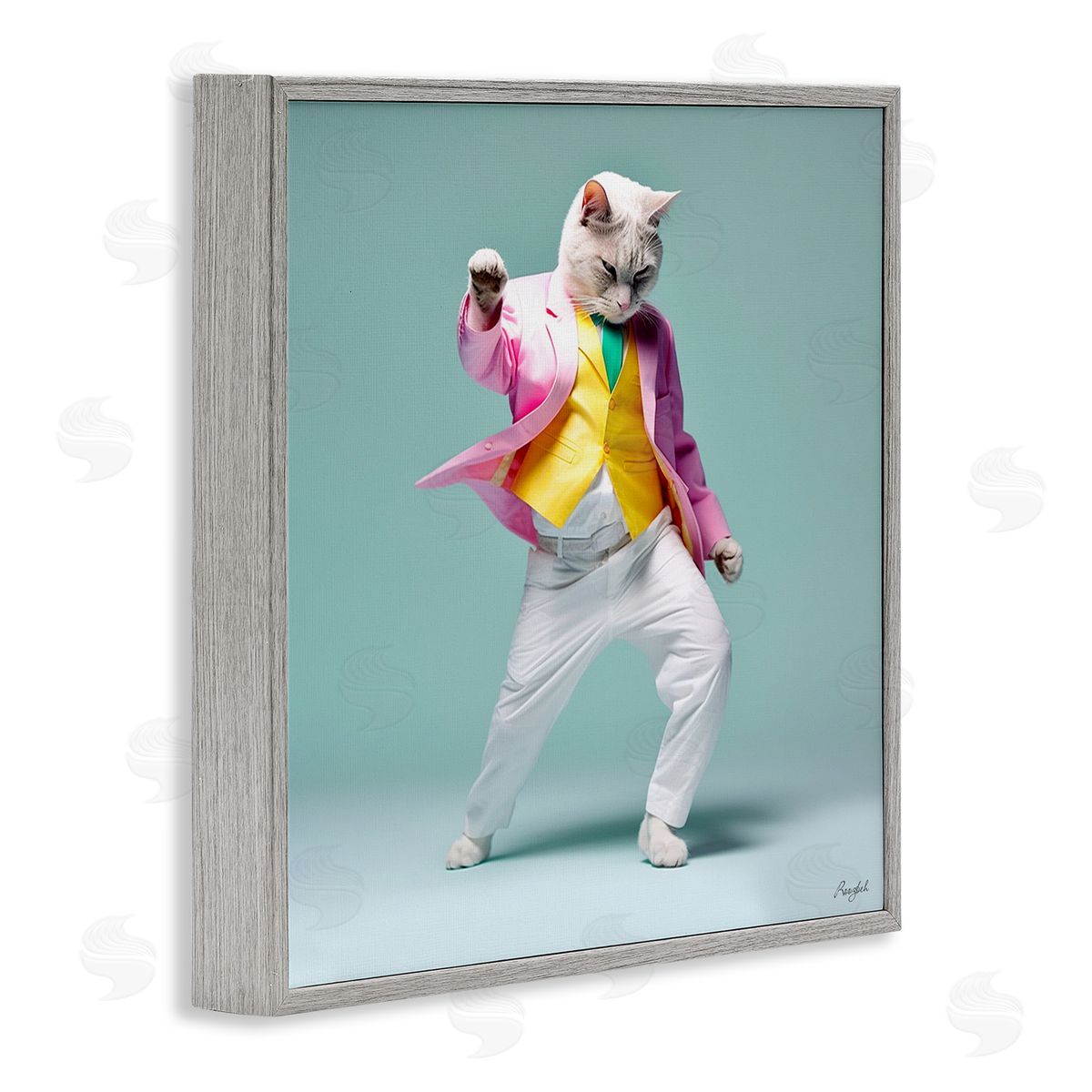 Roozbeh Dancing Cat Portrait Gray Framed Giclee Wall Artside_