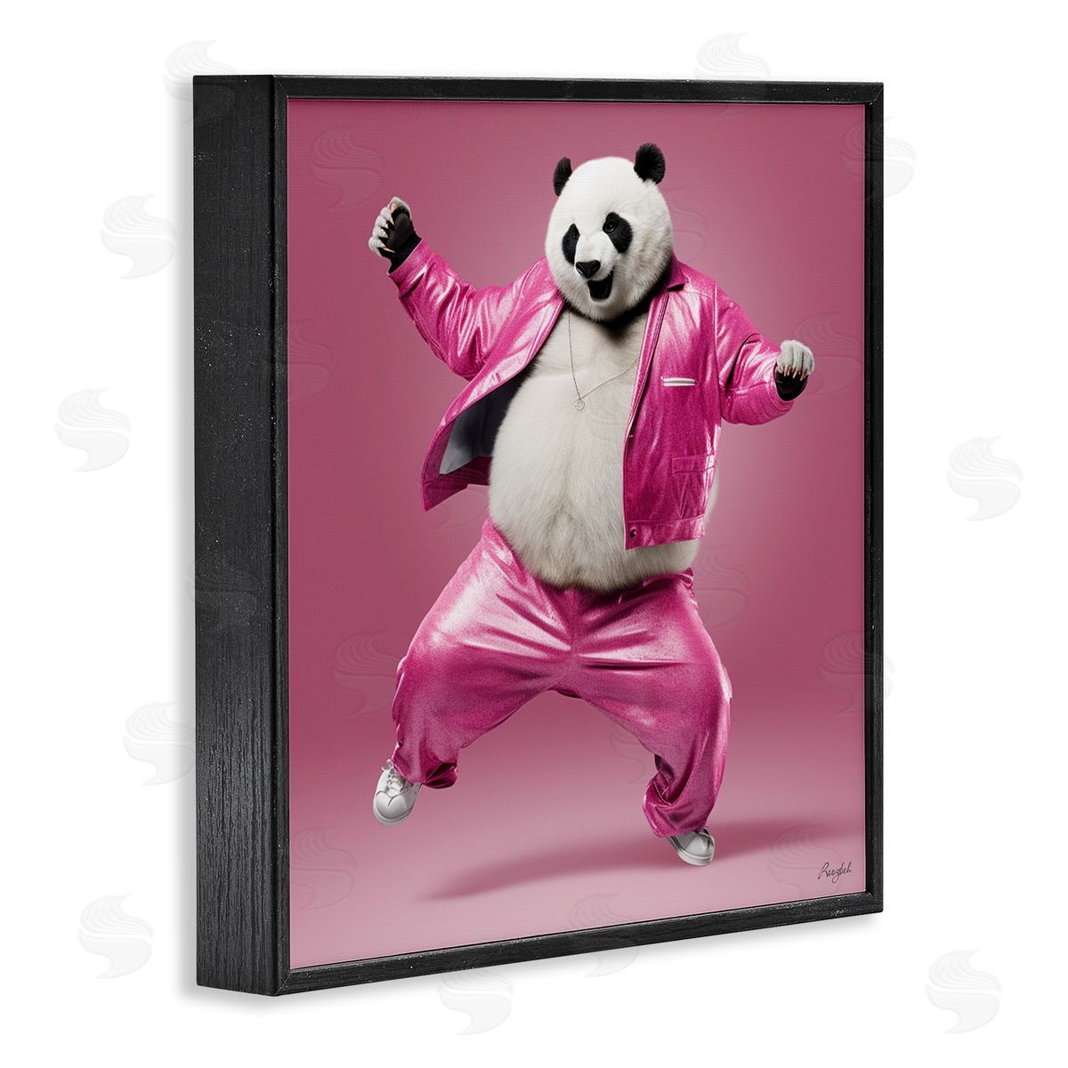 Roozbeh Dancing Panda in Pink Black Framed Giclee Wall Artside_