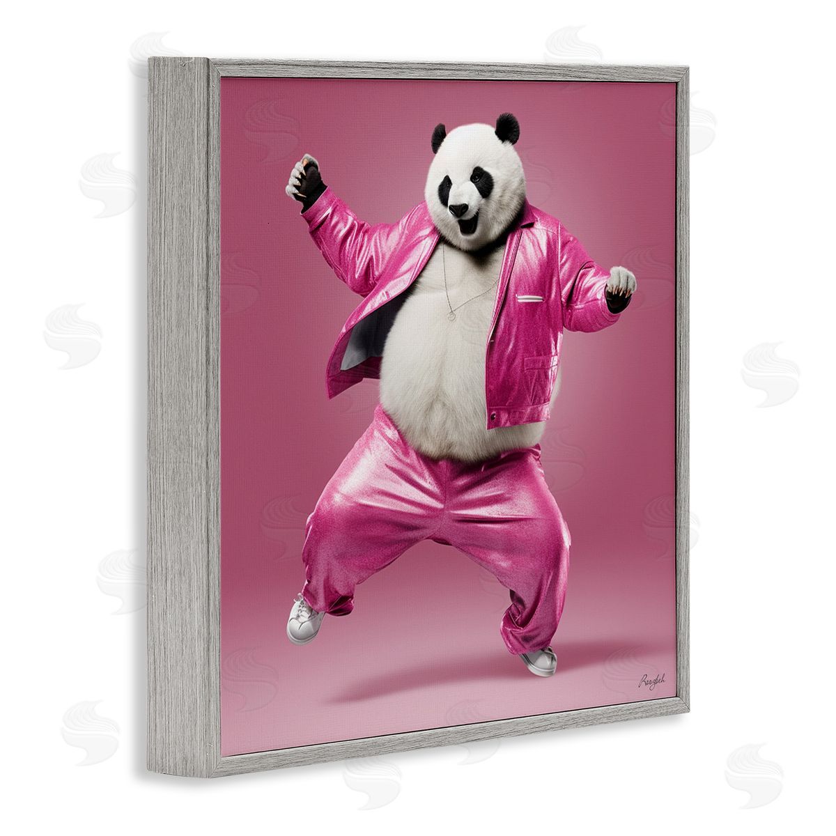 Roozbeh Dancing Panda in Pink Gray Framed Giclee Wall Artside_