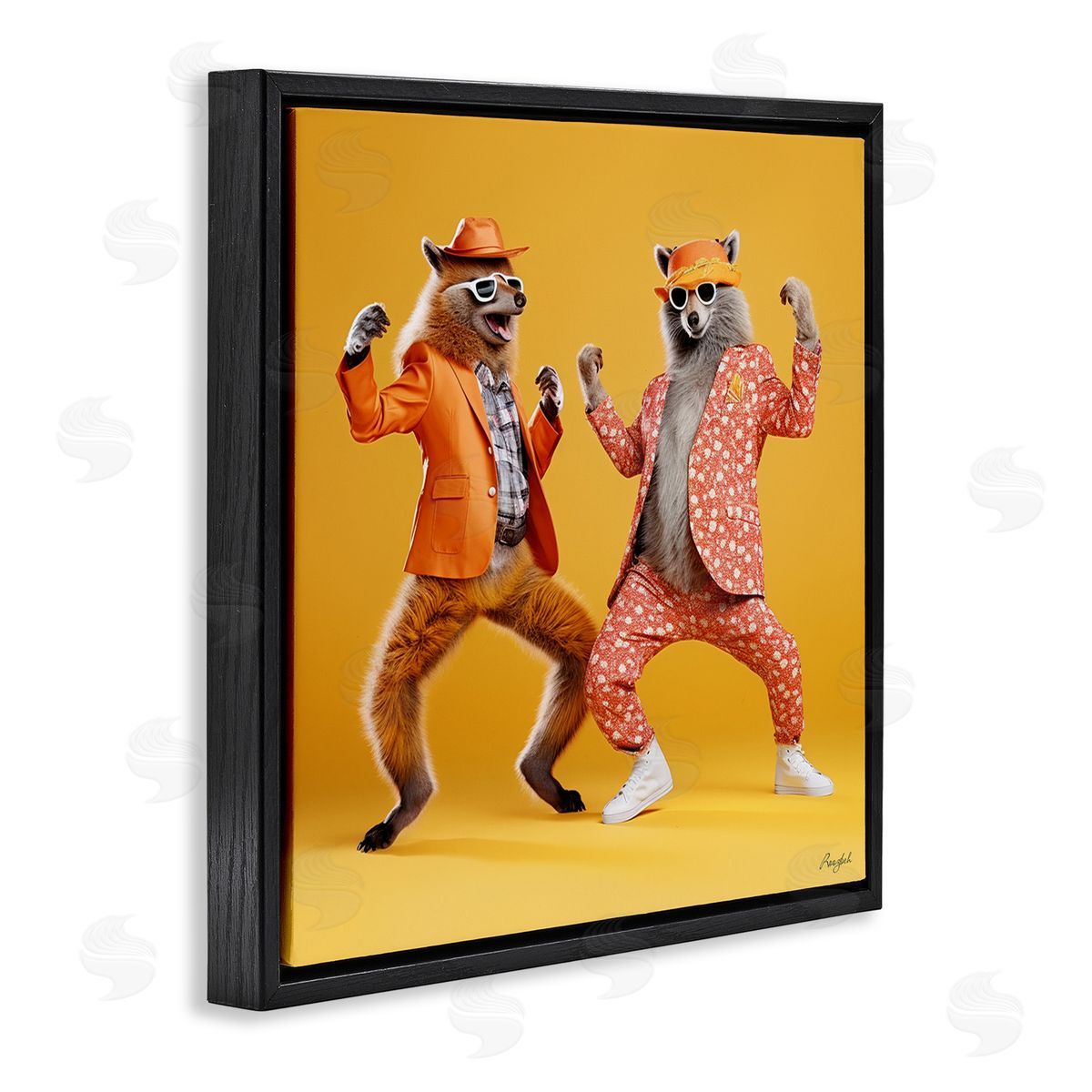 Roozbeh Dancing Foxes on Yellow Black Floater Frame Canvas Artside_