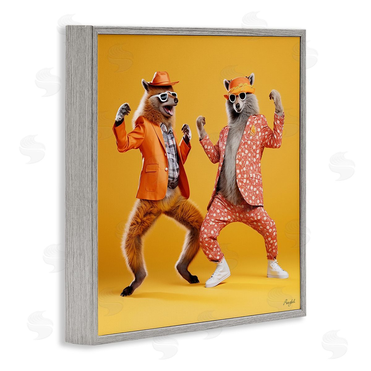 Roozbeh Dancing Foxes on Yellow Gray Framed Giclee Wall Artside_