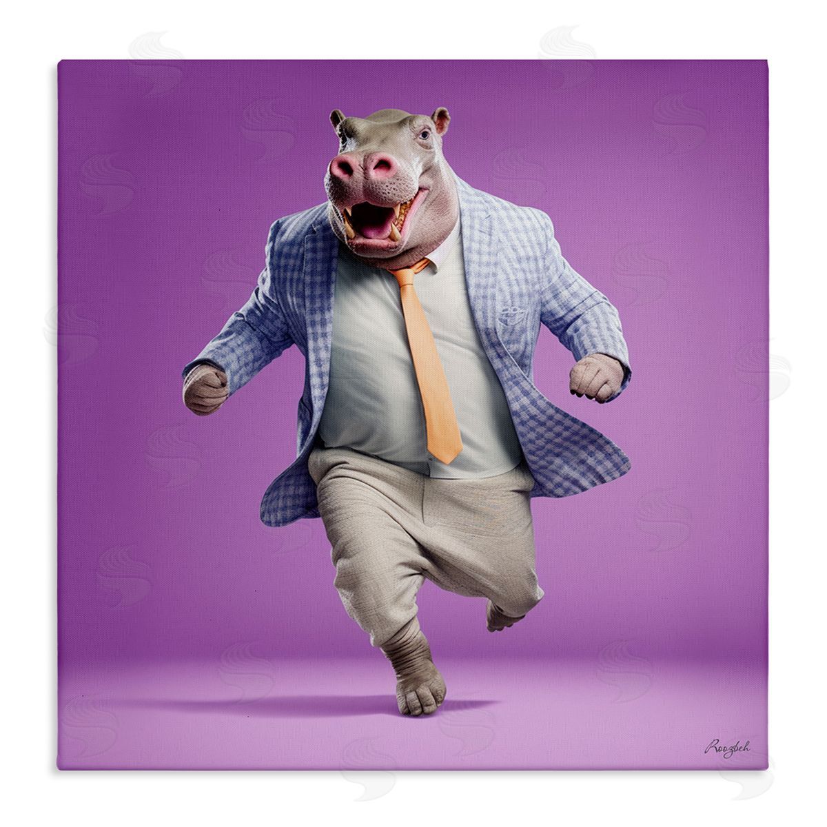 Roozbeh Dancing Hippo on Purple Canvas Wall Art
