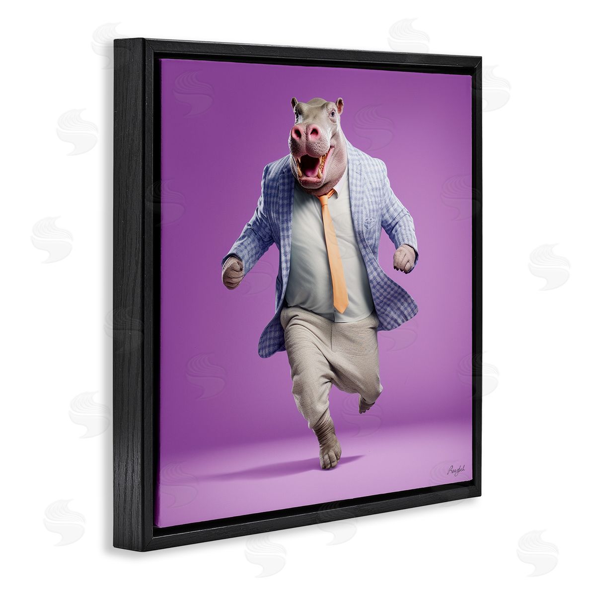 Roozbeh Dancing Hippo on Purple Black Floater Frame Canvas Artside_