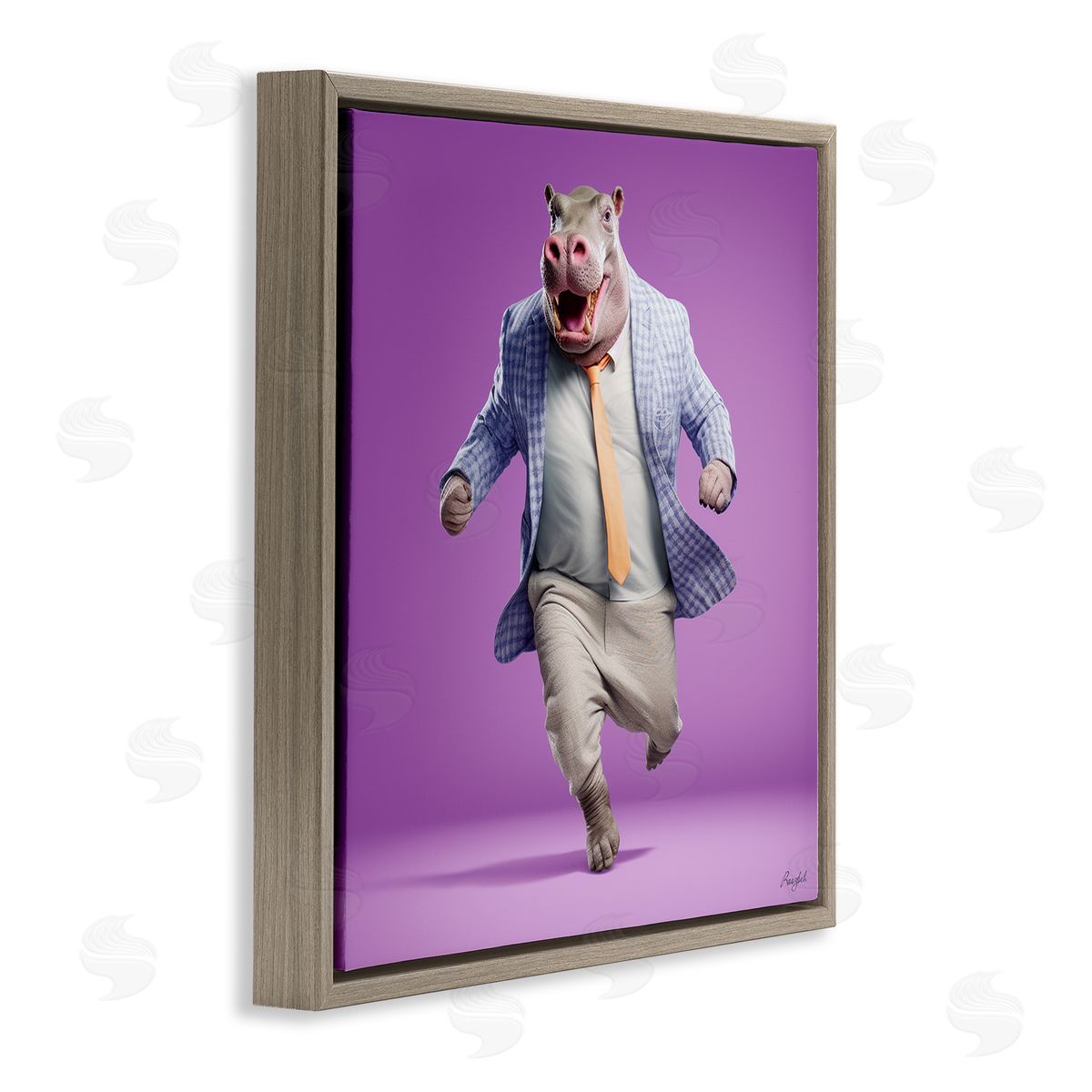Roozbeh Dancing Hippo on Purple Brown Floater Frame Canvas Artside_