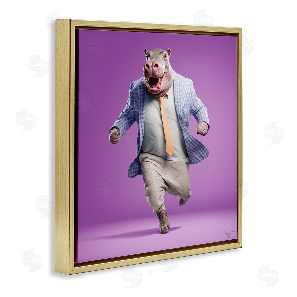 Roozbeh Dancing Hippo on Purple Gold Floater Frame Canvas Artside_