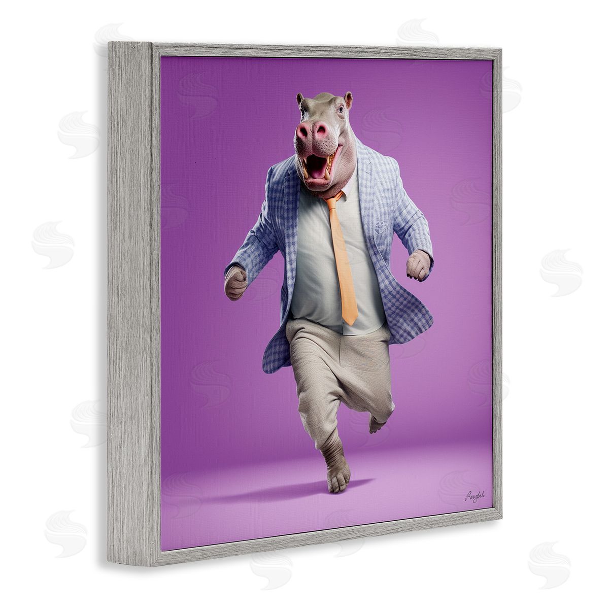 Roozbeh Dancing Hippo on Purple Gray Framed Giclee Wall Artside_