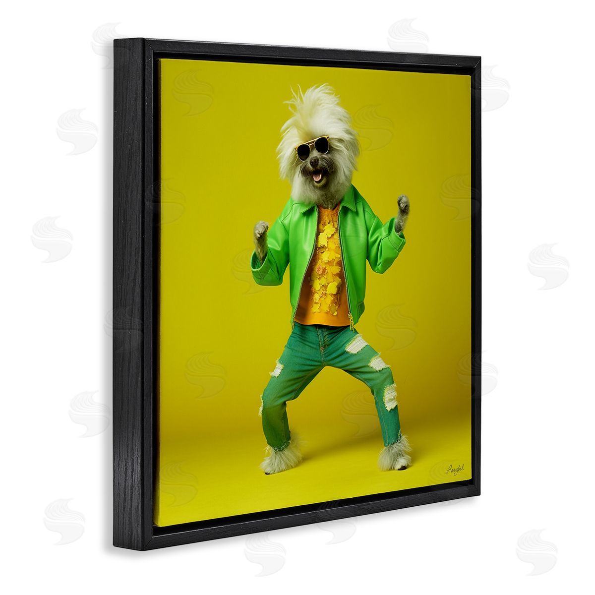 Roozbeh Dancing Dog in Green Black Floater Frame Canvas Artside_