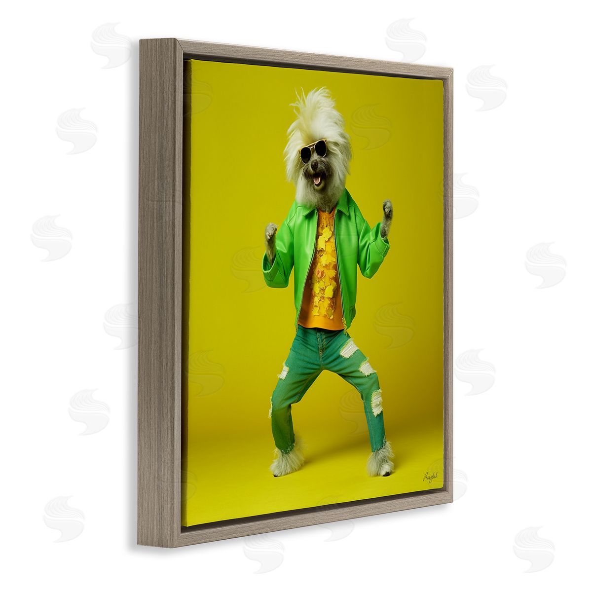 Roozbeh Dancing Dog in Green Brown Floater Frame Canvas Artside_