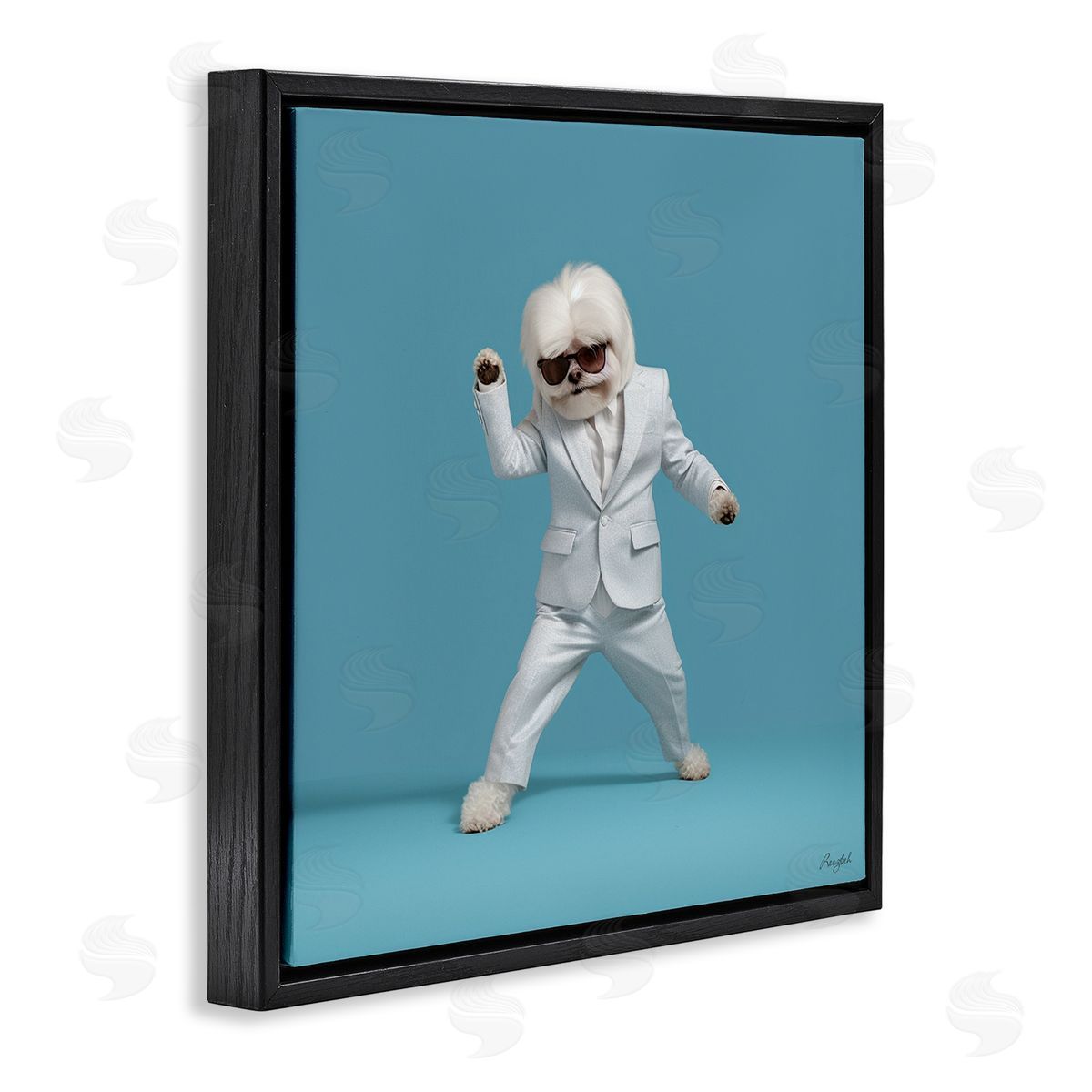 Roozbeh Dog Dancing on Blue Black Floater Frame Canvas Artside_