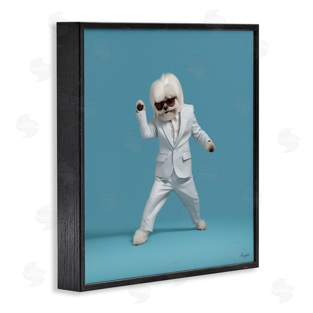 Roozbeh Dog Dancing on Blue Black Framed Giclee Wall Artside_