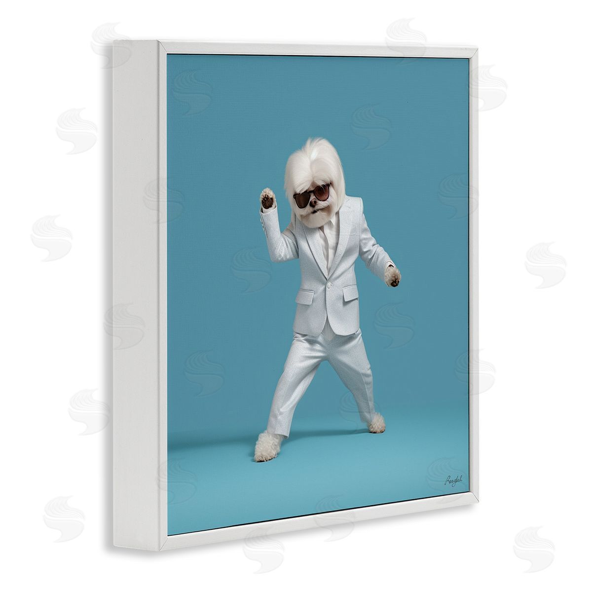 Roozbeh Dog Dancing on Blue White Framed Giclee Wall Artside_