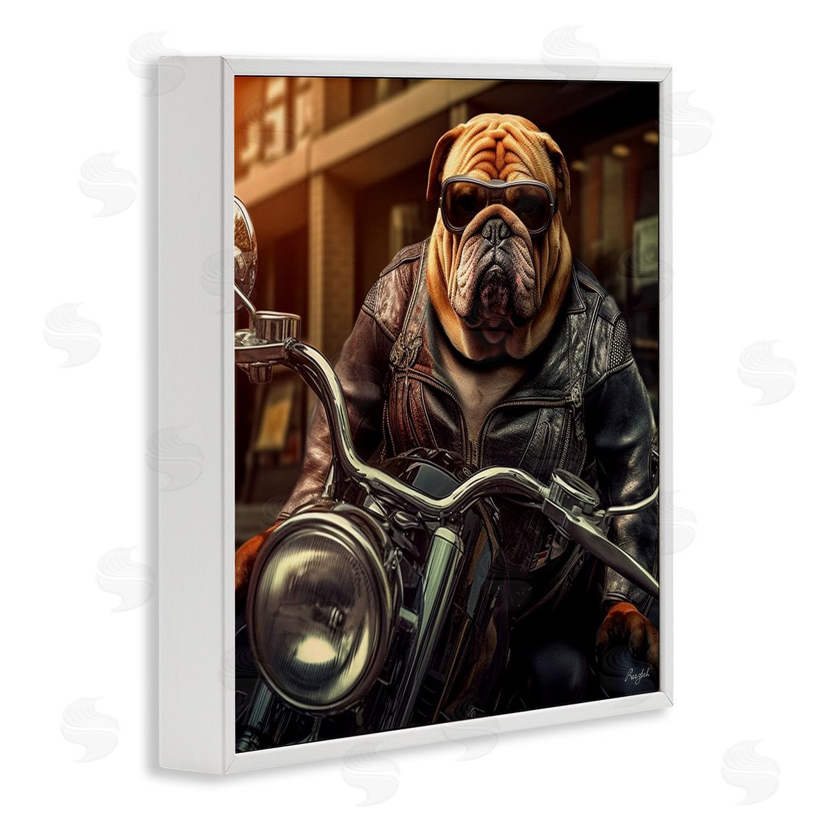 Roozbeh Bulldog Biker Portrait White Framed Giclee Wall Artside_