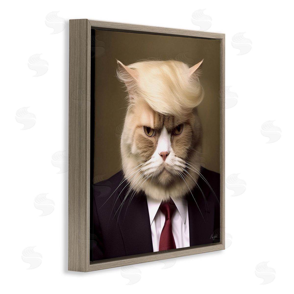 Trump Cat Portrait Brown Floating Frame Canvas Wall Art, Home Decor by Roozbeh