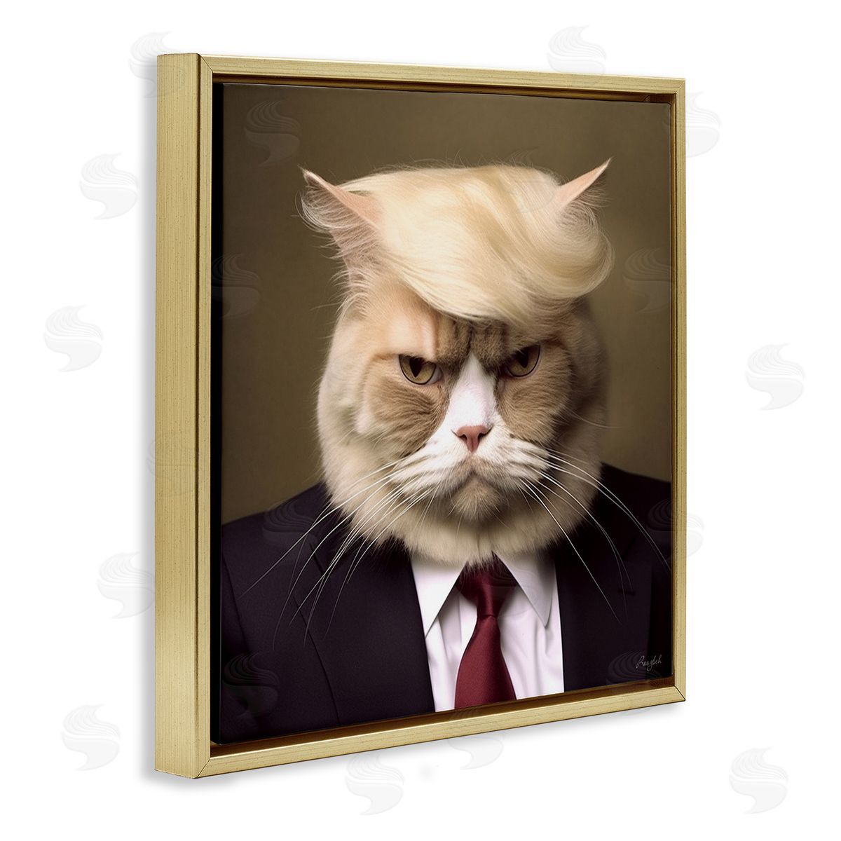 Trump Cat Portrait Gold Floating Frame Canvas Wall Art, Home Decor by Roozbeh