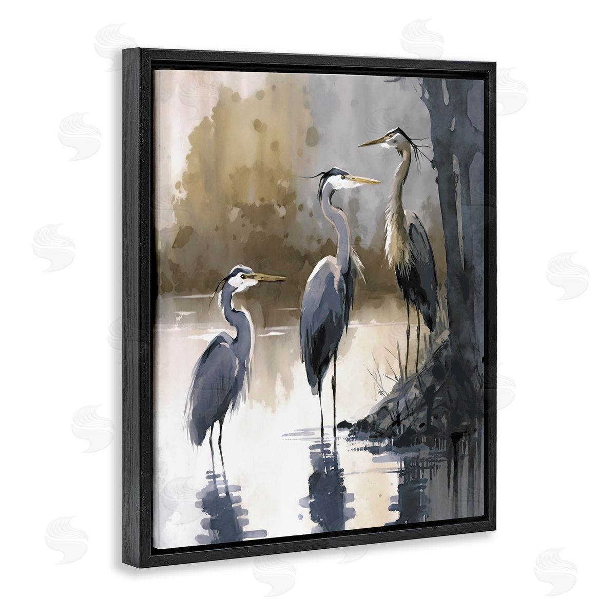 Lake View Herons Black Floating Frame Canvas Wall Art, Home Decor by Ray Powers