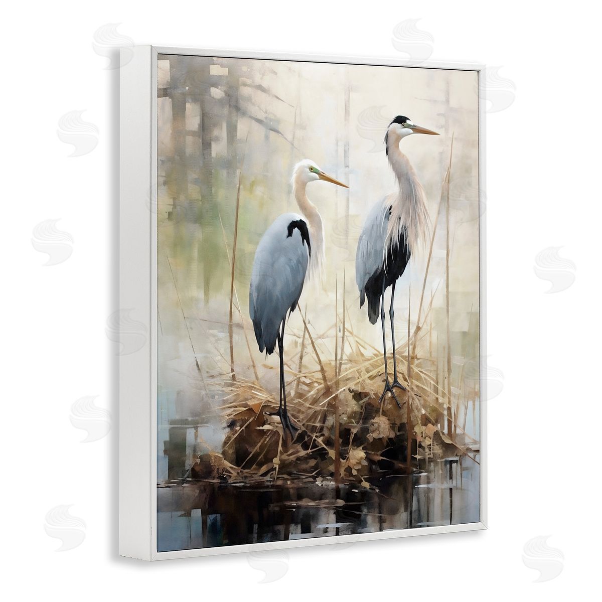 Ray Powers Cranes in Pond Nature White Framed Giclee Wall Artside_