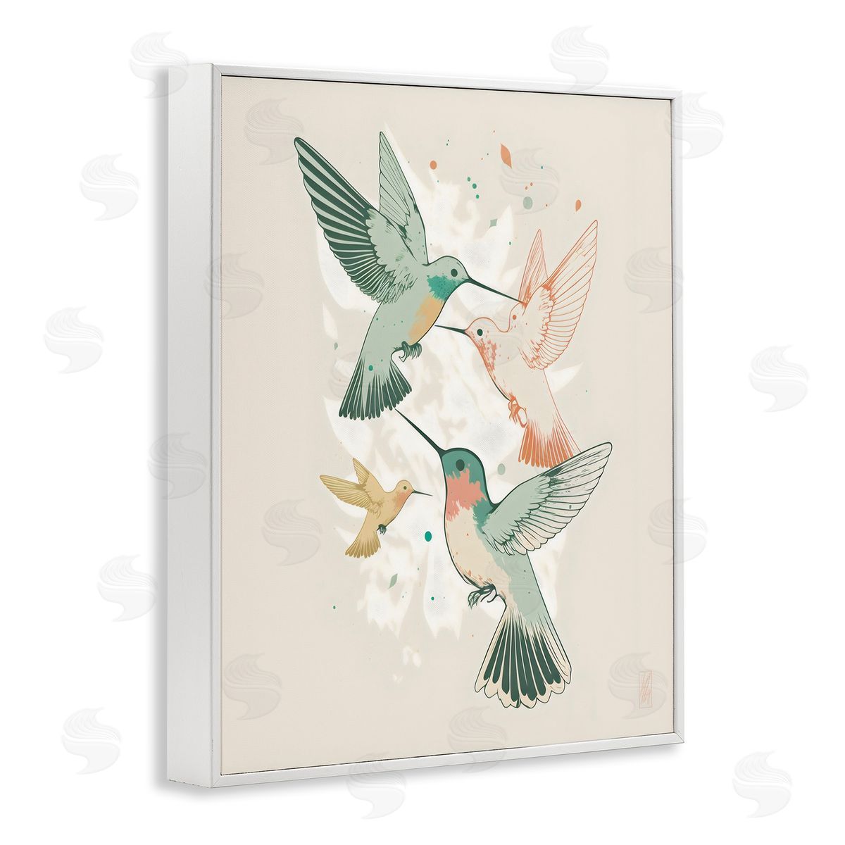 Ray Powers Hummingbirds on Beige White Framed Giclee Wall Artside_