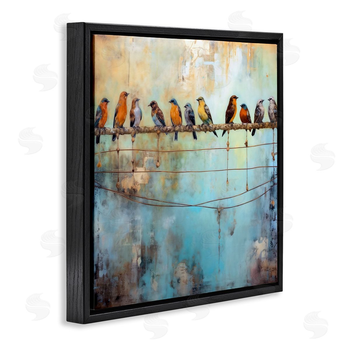 Abstract Perched Birds Black Floating Frame Canvas Wall Art, Home Decor by Ray Powers