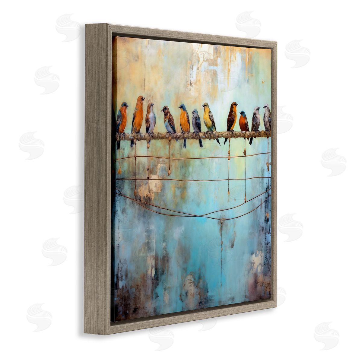 Abstract Perched Birds Brown Floating Frame Canvas Wall Art, Home Decor by Ray Powers