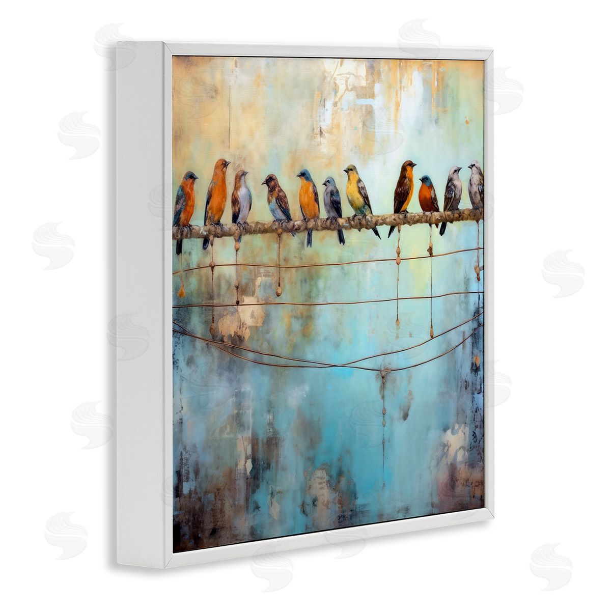 Abstract Perched Birds White Frame Print Wall Art, Home Decor by Ray Powers