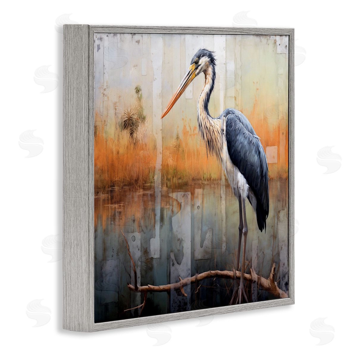 Ray Powers Heron Bird Abstraction Gray Framed Giclee Wall Artside_