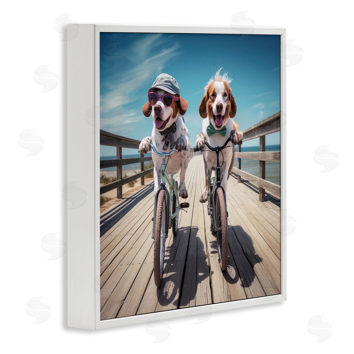 Ray Powers Coastal Bicycle Dogs White Framed Giclee Wall Artside_