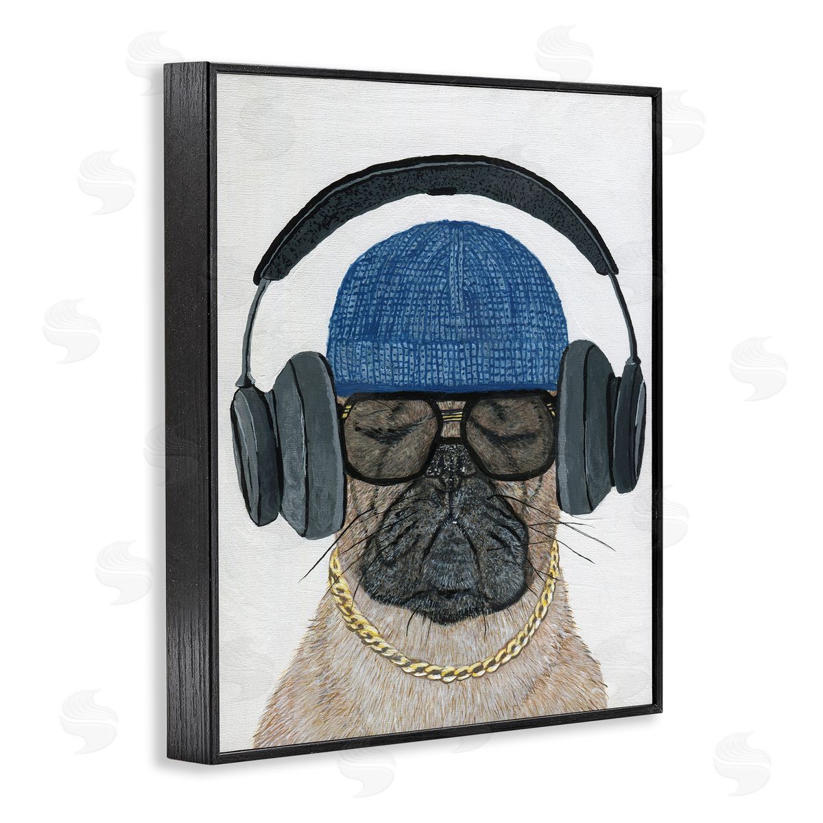Melissa Symons Pug in Headphones Black Framed Giclee Wall Artside_