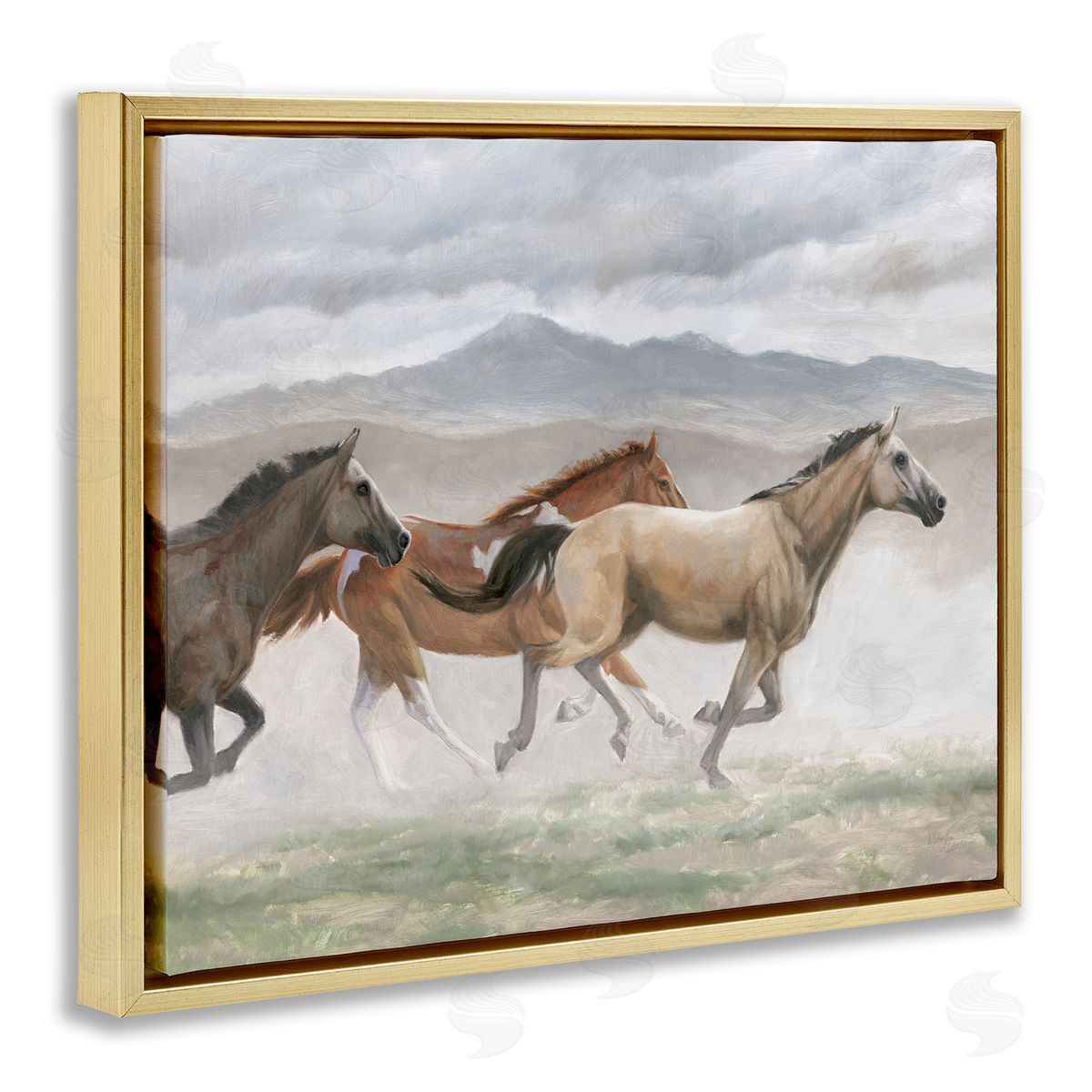 Wellington Studio Galloping Horses Landscape Gold Floater Frame Canvas Artside_