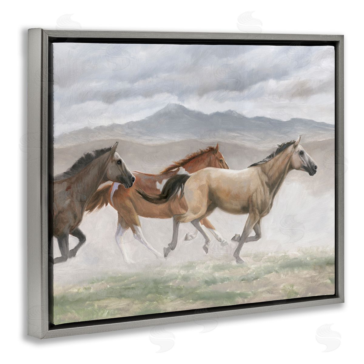 Wellington Studio Galloping Horses Landscape Gray Floater Frame Canvas Artside_