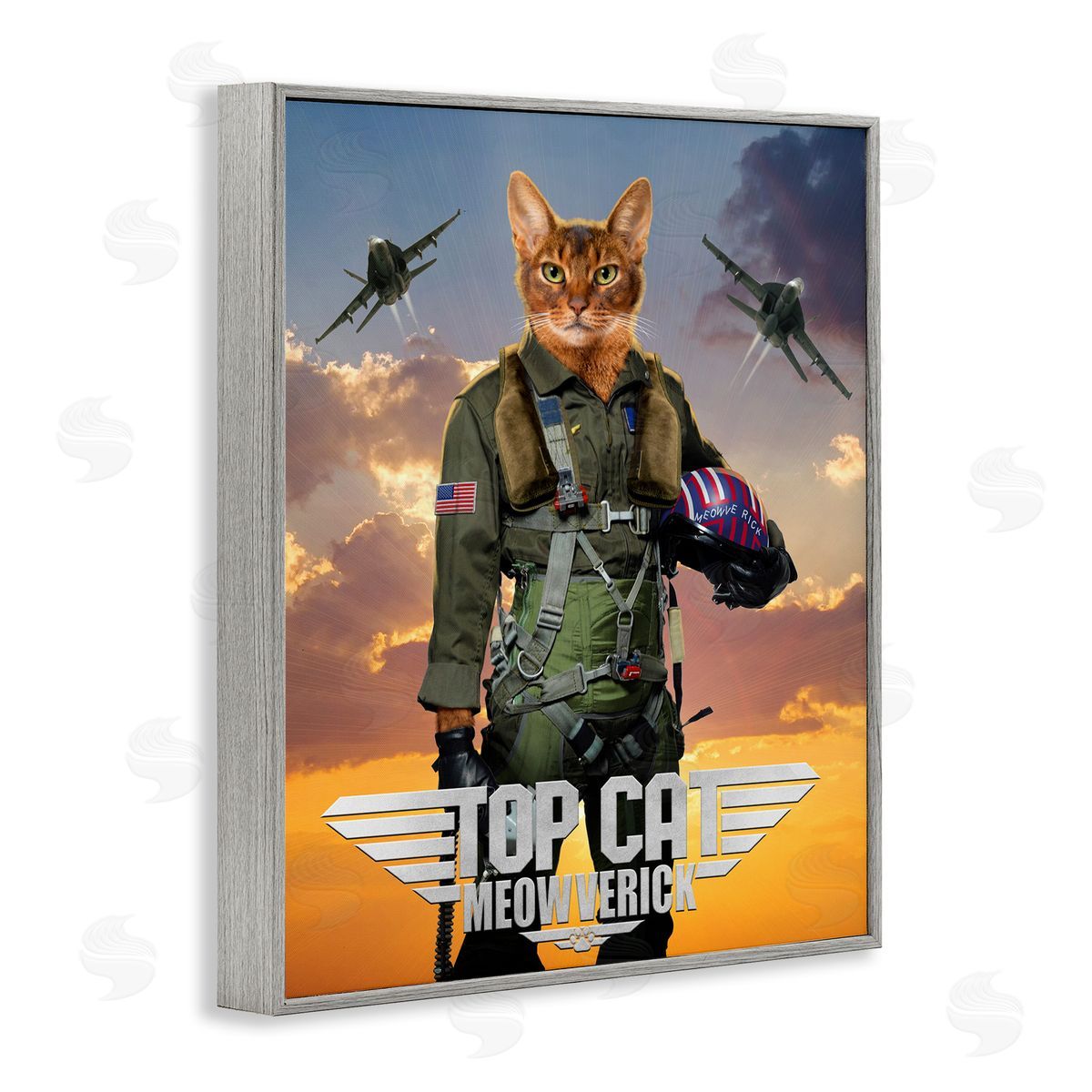 Vincent Hie Cat Pilot & Aircraft Gray Framed Giclee Wall Artside_