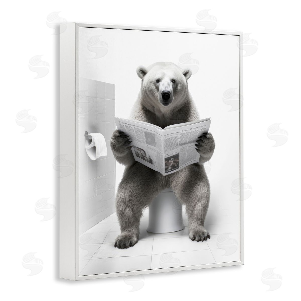Lazar Studio Bear Reading Newspaper White Framed Giclee Wall Artside_