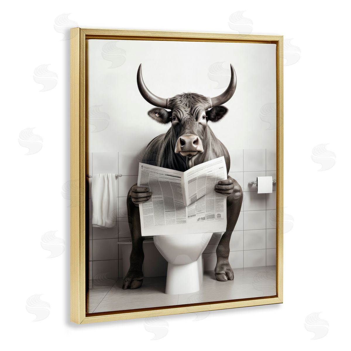 Lazar Studio Cattle Reading Newspaper Gold Floater Frame Canvas Artside_