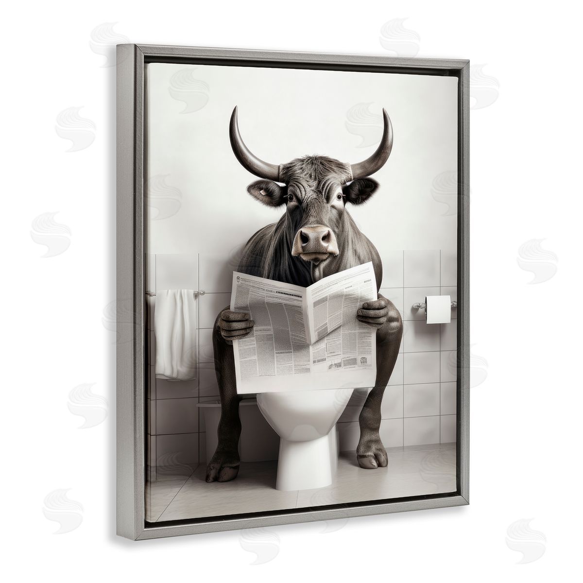 Lazar Studio Cattle Reading Newspaper Gray Floater Frame Canvas Artside_