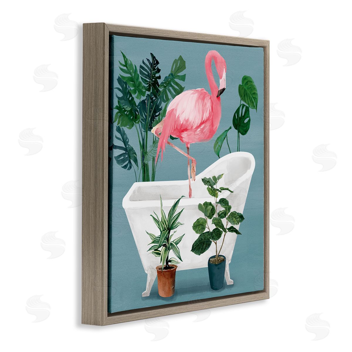 Masey St. Studios Botanical Flamingo Bathroom Brown Floater Frame Canvas Artside_