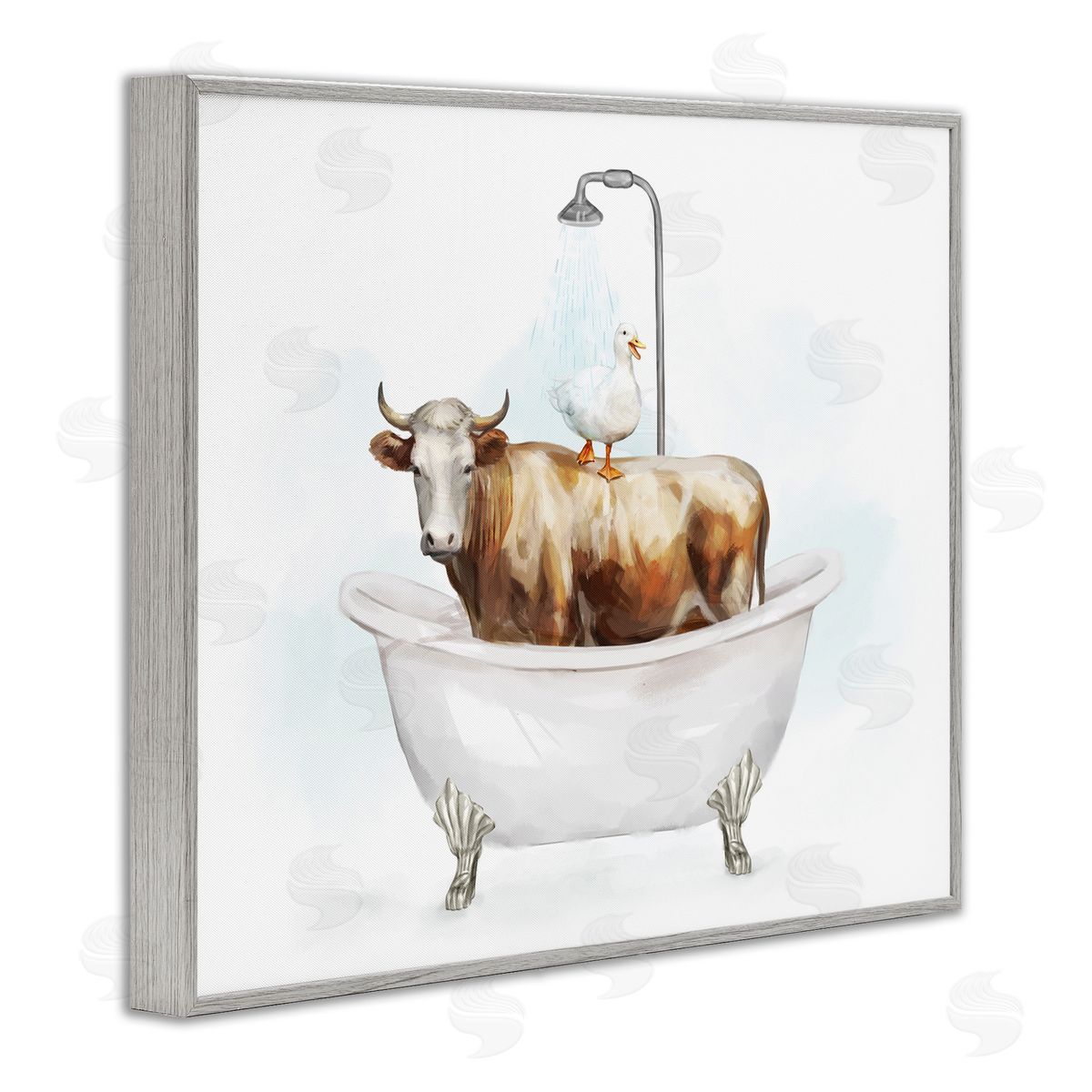 Ziwei Li Duck & Cow in Tub Gray Framed Giclee Wall Artside_
