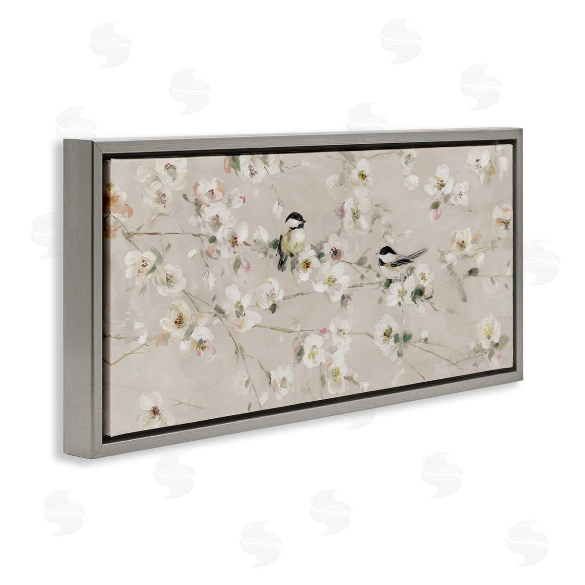 Sally Swatland Birds & Apple Blossom Gray Floater Frame Canvas Artside_