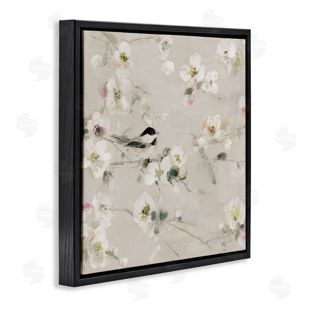 Sally Swatland Soft Apple Blossom Bird Black Floater Frame Canvas Artside_