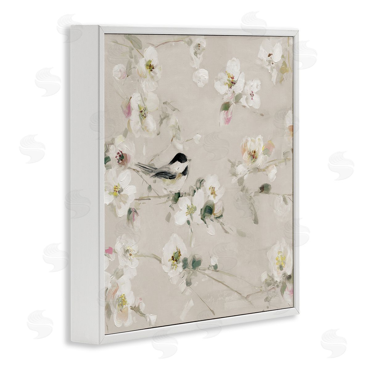 Sally Swatland Soft Apple Blossom Bird White Framed Giclee Wall Artside_