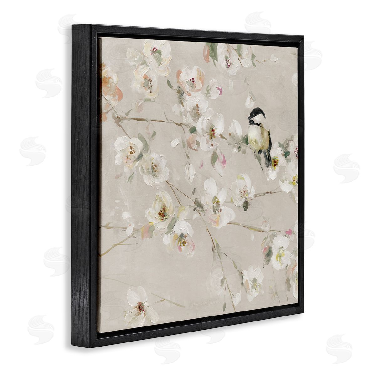 Sally Swatland Beige Bird & Flowers Black Floater Frame Canvas Artside_