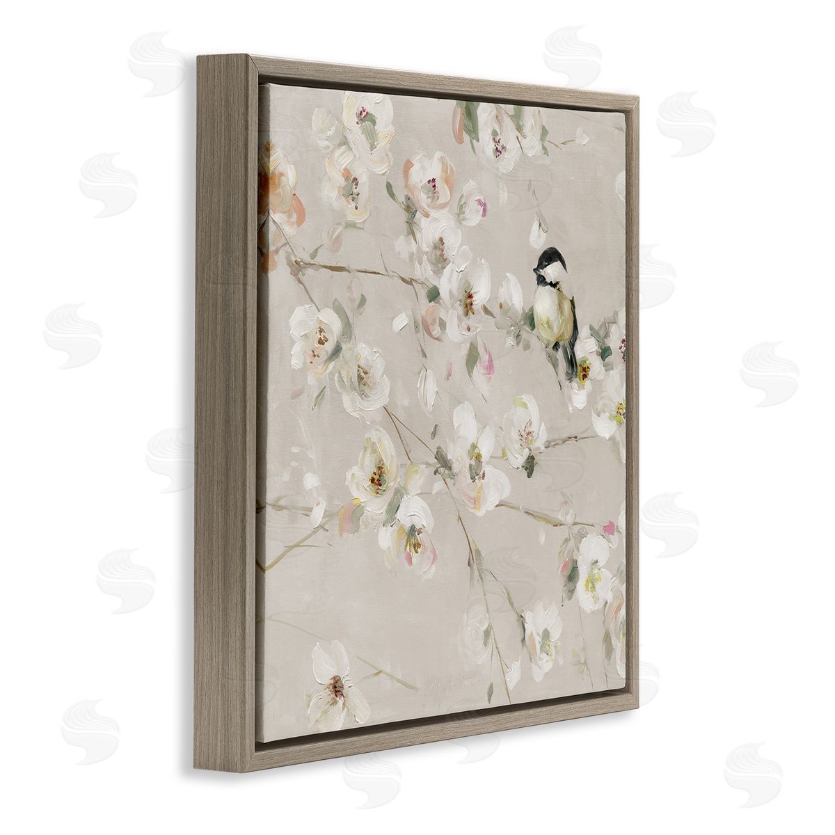 Sally Swatland Beige Bird & Flowers Brown Floater Frame Canvas Artside_