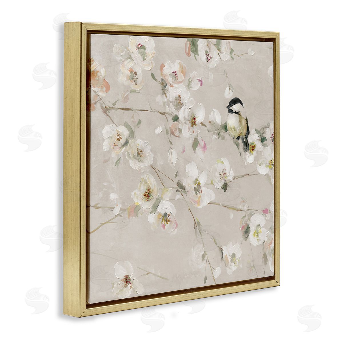 Sally Swatland Beige Bird & Flowers Gold Floater Frame Canvas Artside_